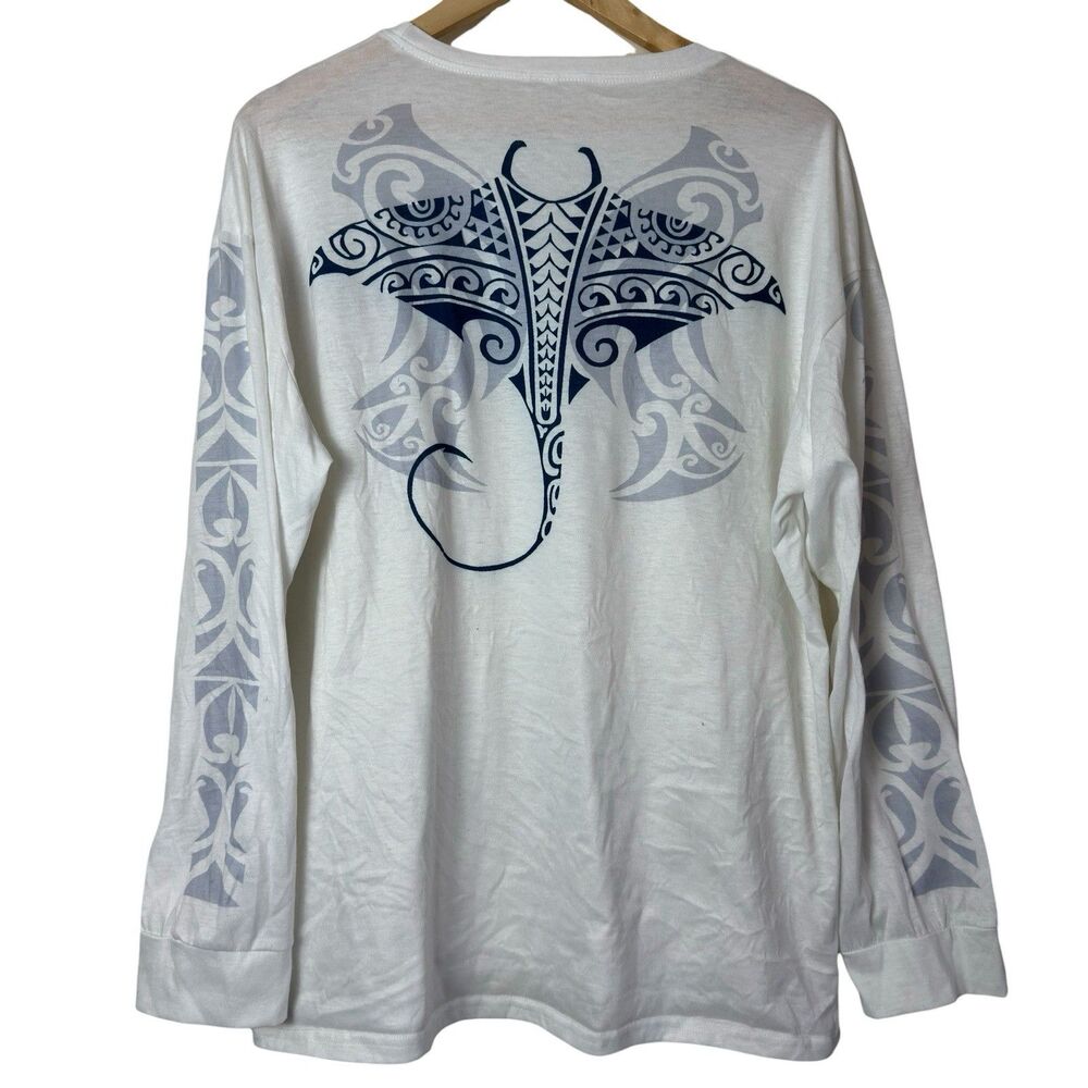 Y2K Hawaii Tshirt Manta Ray Tribal Graphic Long Sleeve Tee XXL Beach Summer